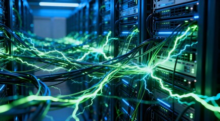 Futuristic data center with powerful green energy coursing through server racks and complex network infrastructure
