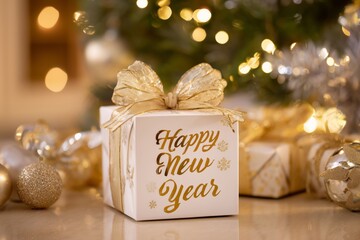 Beautifully wrapped gift box with Happy New Year message sits elegantly near decorated Christmas tree during festive season