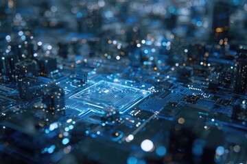 A detailed, futuristic digital circuit board with glowing blue elements and bokeh effects