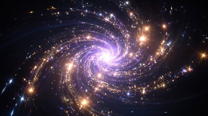 Swirling galaxy with bright center, spiral arms, and glittering, star-like particles
