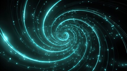 A glowing teal vortex-like structure swirls against a black background, with sparkling particles scattered