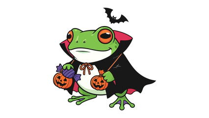 Frog in Halloween Costume: A charming frog in a Halloween costume, complete with a cape, carrying a pumpkin bucket, and adorned with a tiny bat, evokes the whimsy of the spooky season. 