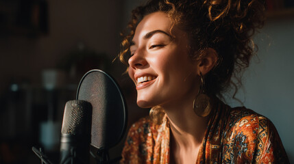 Woman with curly hair smiling and singing into a microphone in a recording studio setting indoors