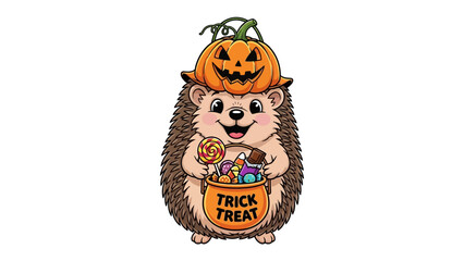 Halloween Hedgehog: A charming illustration of a hedgehog in a pumpkin hat, carrying a trick or treat bag full of sweets, embodies the spirit of the Halloween festivities.