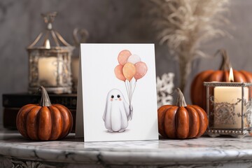 Cute seal illustration holding balloons surrounded by pumpkins and lanterns on a decorative table during autumn