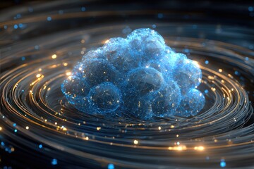 Digital cloud-shaped formation of interconnected glowing spheres, encircled by spiraling, golden energy trails
