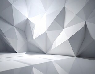 Abstract polygonal background in minimalist white and gray tones, soft depth shadows, 