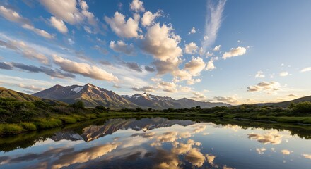 Mountain lake reflecting snowcapped peaks under vibrant sky rugged terrain with lush greenery and dramatic clouds peaceful alpine landscape