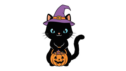 Enchanting Halloween Cat: A cute black cat adorned with a witch hat, holding a carved pumpkin bucket, perfect for a spooky celebration!