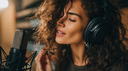 Woman with curly hair wearing headphones singing into a microphone in a recording studio setting