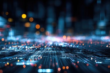 A bokeh-filled, futuristic cityscape depicting an abstract network with glowing lines