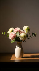 Fototapeta premium A vase of flowers in soft warm lighting, minimal still life artistic composition.