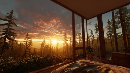Obraz premium Pixel Art Sunset View From Window Cabin