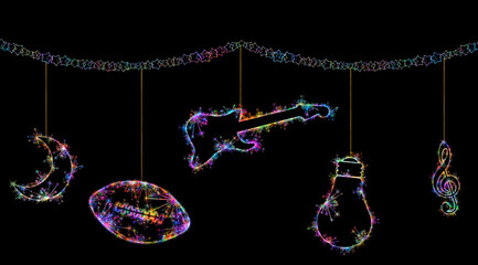 Kolorowe zimne ognie i fajerwerki układające się w kształt różnych ozdób choinkowych zawieszonych na łańcuchu na Boże Narodzenie. © Blue Pixel