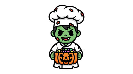 Zombie Chef Holding a Pumpkin: A cartoon zombie chef holds a pumpkin-shaped container filled with colorful candies, adding a spooky twist to the culinary world.