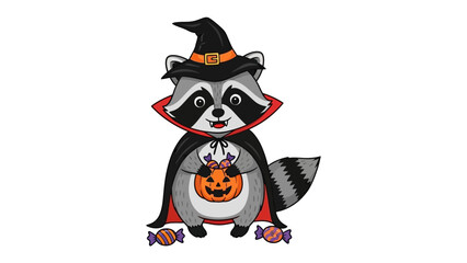 Halloween Raccoon Costume: A cute raccoon, dressed in a Halloween costume, holds a carved pumpkin while standing confidently, exuding spooky cheer and festive charm. 