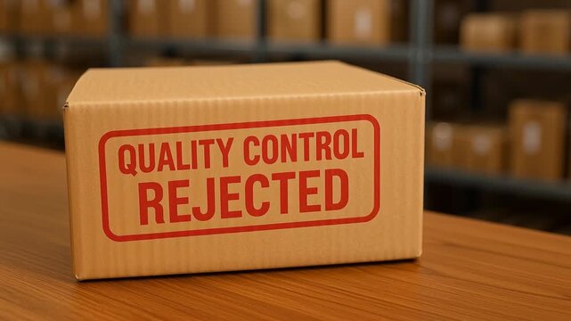 Cardboard box with quality control rejected stamp in warehouse showing inspection failure error defective product logistics industry management shipping packaging goods rejection supply chain concept