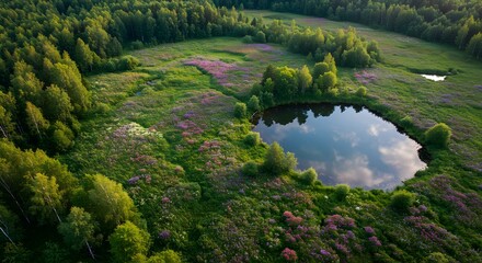 Wildflower meadow with circular pond aerial view of lush forest vibrant purple and pink blooms peaceful untouched nature no punctuation
