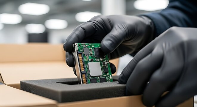 Close-up of hands wearing black protective gloves carefully placing a green circuit board into specialized foam packaging inside a cardboard box, highlighting safe handling of sensitive electronics.