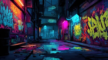 Gritty alleyway glows with vibrant graffiti under neon lights, creating a cyberpunk vibe