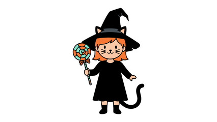 Happy Halloween Child: A cheerful child, dressed as a whimsical cat witch, holds a colorful lollipop against an animated background, embodying the spirit of festive fun.