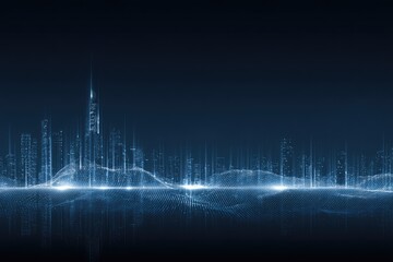 Abstract blue cityscape with digital lines and futuristic city lights