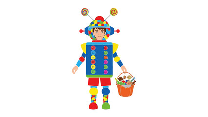 Colorful Robot Costume: A child joyfully embodies the spirit of a robot, adorned in a whimsical costume overflowing with vibrant colors and an enchanting collection of sweet treats.