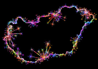 Kolorowe zimne ognie i fajerwerki układające się w kształt granic Państwa Węgryl.