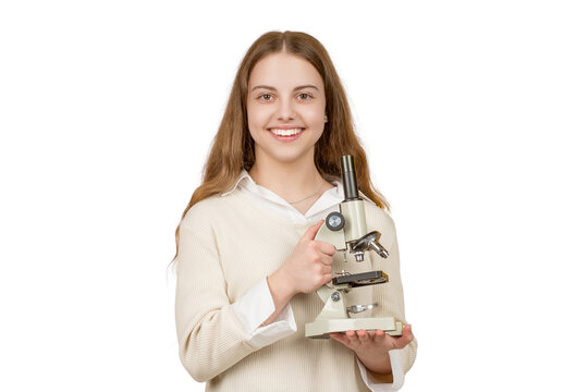 Back to school. Teen girl with microscope isolated on white. Biology science for schoolgirl. Microscope research. College education. School biology girl hold microscope. Student of biology - Powered by Adobe