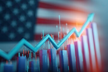 Abstract business graphic with upward trend, bar chart, and American flag background