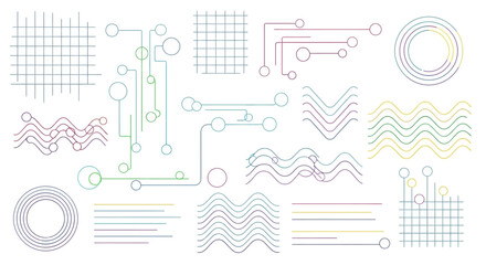 Obraz premium Abstract digital design featuring geometric shapes, lines, and circular patterns in various colors.