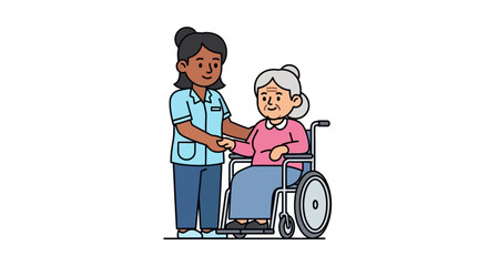 A caregiver assists a smiling elderly woman in a wheelchair, offering support and companionship.