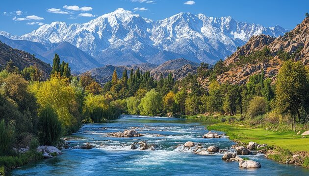 Mountain river valley, vibrant autumn colors, snow-capped peaks - Powered by Adobe