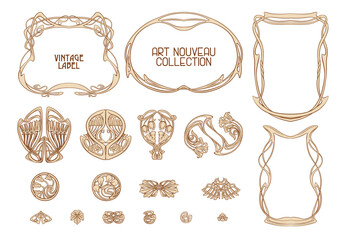 Naklejka na ściany i meble Decorative flowers and leaves in art nouveau style, vintage, old, retro style. Border, frame, template for product label, cosmetic packaging. Easy to edit. Vector illustration. Naklejka na ściany i meble Decorative flowers and leaves in art nouveau style, vintage, old, retro style. Border, frame, template for product label, cosmetic packaging. Easy to edit. Vector illustration.