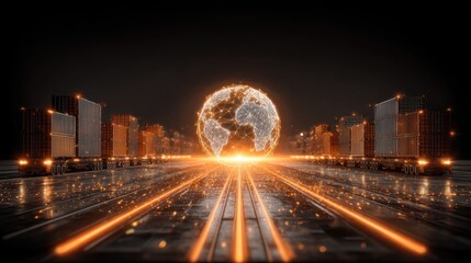 Fototapeta premium Global Supply Chain Network with Shipping Containers, Technology, and Futuristic World Map Visualization