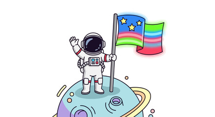 An astronaut stands on a planet waving while holding a flag with stars and colorful stripes.