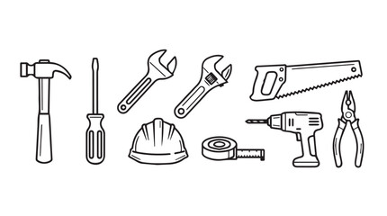 Obraz premium Collection of hand tools and safety helmet for construction and diy projects vector