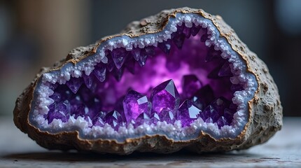 A close-up of a natural amethyst geode, cracked open to reveal a beautiful cave of sparkling purple crystals glowing from within.