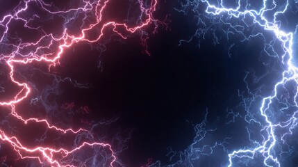 Pink and blue lightning on a dark backdrop, crackling with electricity, framing nothingness