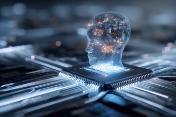 Holographic human head floats above circuit board, representing AI, data, and futuristic technology