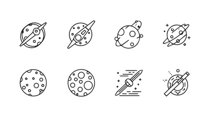 Cosmic celestial bodies collection hand drawn style planets moons stars orbiting space exploration vector