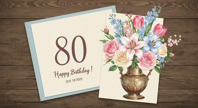 Birthday greeting card with floral bouquet and age eighty celebration on wooden surface