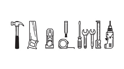 Collection of hand drawn construction and repair tools set for diy and home improvement projects vector