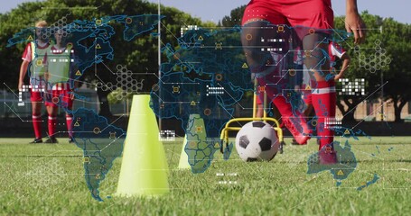 Teenage player placing ball at first cone dribbling through cones for ball control with map overlay - Powered by Adobe