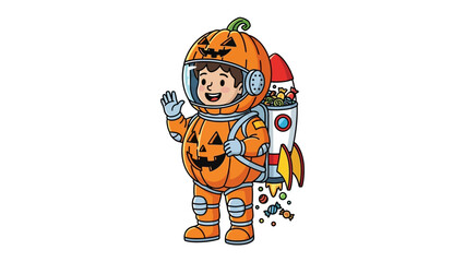 Astronaut Pumpkin: An illustrated view of a young astronaut in a pumpkin costume, waving hello while carrying a rocket pack filled with treats.