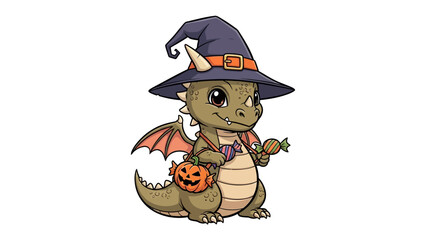 Adorable Halloween Dragon with witch's hat and pumpkin basket: A whimsical illustration of a cute dragon dressed in a witch's hat, carrying a pumpkin basket for collecting candies.