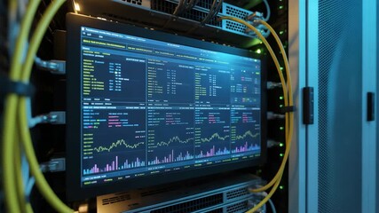Dynamic server room monitoring display for tech infrastructure management, showing data analytics and network performance metrics in real time - Powered by Adobe