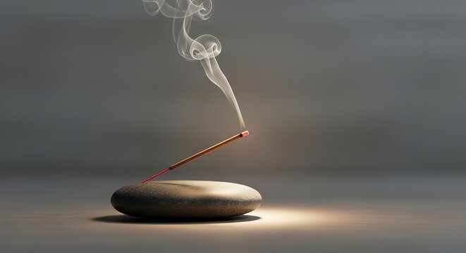 Serene burning incense stick with elegant smoke rising creates a peaceful, meditative atmosphere