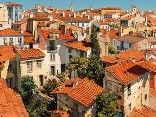 Obraz premium Aerial view of a picturesque colonial neighborhood featuring charming red rooftops and streets
