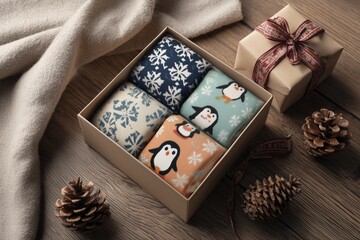Cozy gift box containing colorful patterned socks with penguins, perfect for winter celebrations or holiday surprises